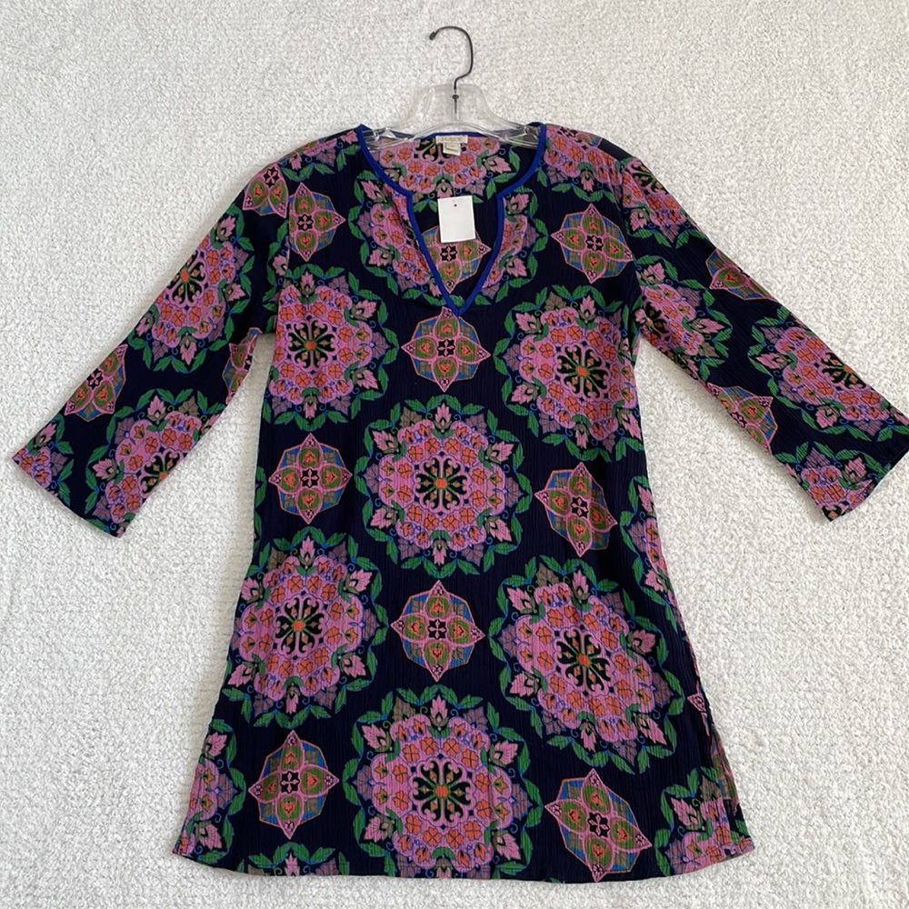 J CREW 100% COTTON, V NECK, 3/4 SLEEVE DRESS-MULTI COLOR